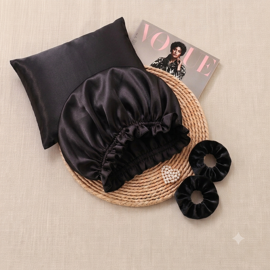 3-Piece Black Satin Silk Sleep Care & Hair Protection Set